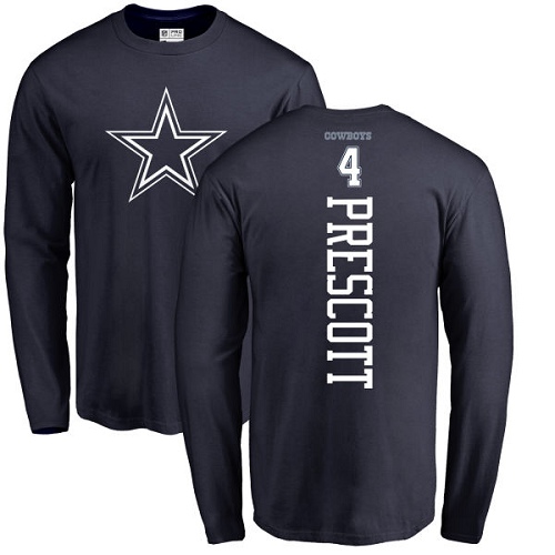 Men Dallas Cowboys Navy Blue Dak Prescott Backer #4 Long Sleeve Nike NFL T Shirt->nfl t-shirts->Sports Accessory